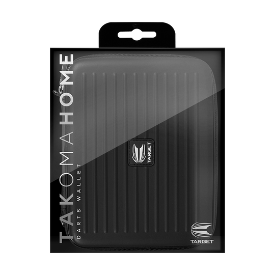 Das Bild zeigt das Produkt "Target Takoma Home Dartwallet" in seiner Verpackung. Das Dartwallet ist schwarz und hat ein geriffeltes Design mit dem Target-Logo auf der Vorderseite.